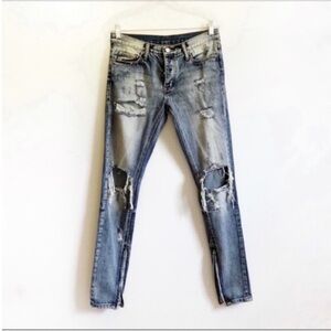 MNML mens jeans blue destroyed denim ripped button fly ankle zip